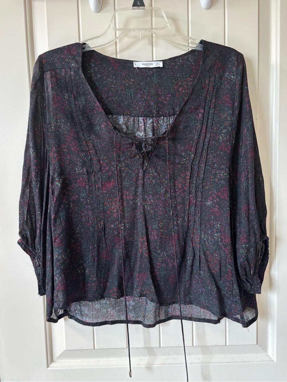 Mango Black Floral Tie-Neck Peasant Blouse